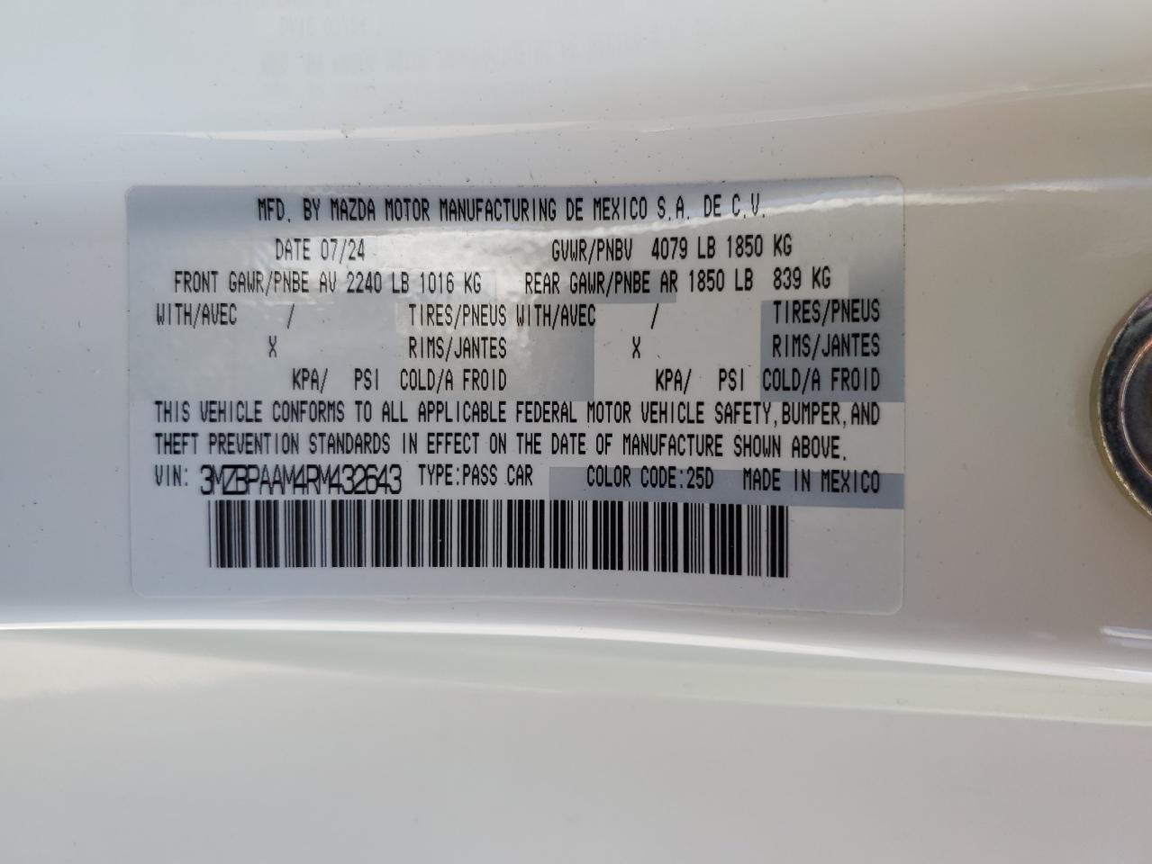 2024 Mazda 3 VIN 3MZBPAAM4RM432643 Copart auction photo, front end / undercarriage damage thumbnail 15