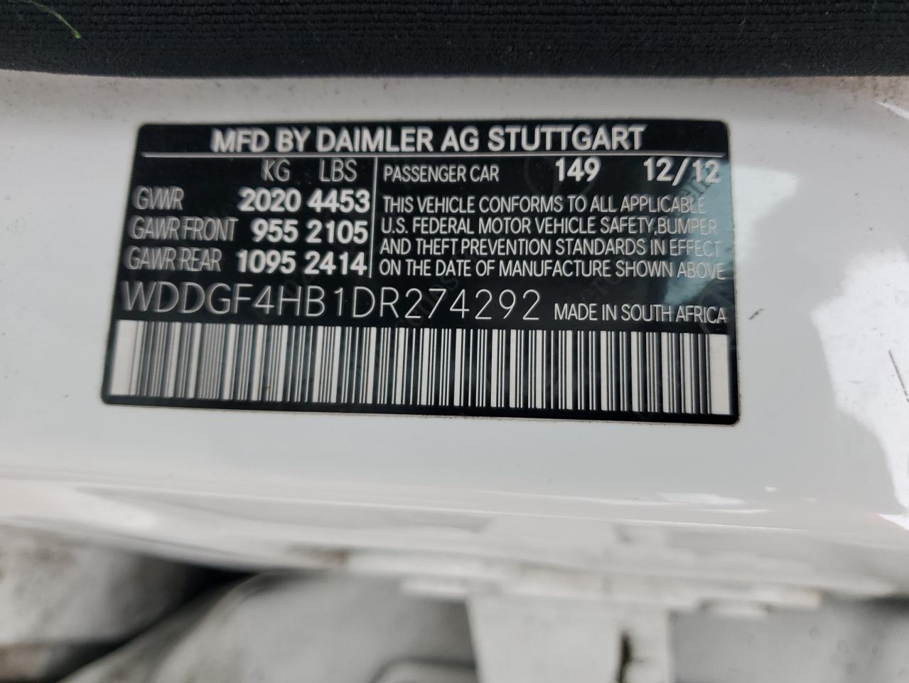 2013 Mercedes-Benz C-klasse VIN WDDGF4HB1DR274292 Copart auction photo, front end / side damage thumbnail 15