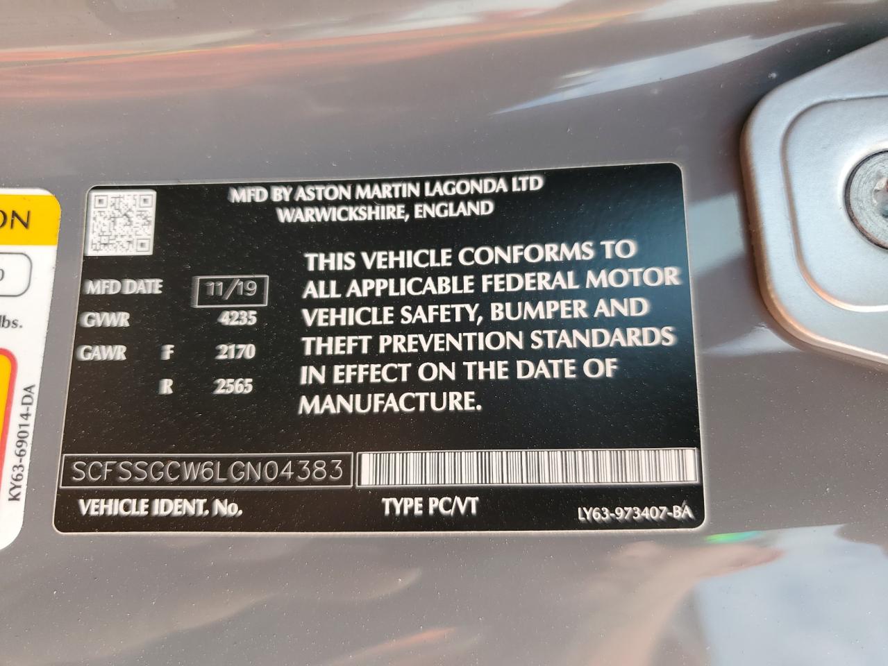 2020 Aston Martin Vantage VIN SCFSSGCW6LGN04383 Copart auction photo, water/flood damage thumbnail 13