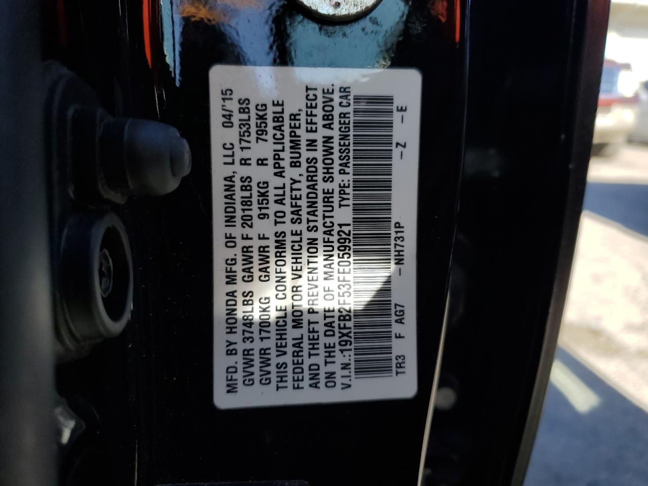 2015 Honda Civic VIN 19XFB2F53FE059921 Copart auction photo, front end damage thumbnail 12