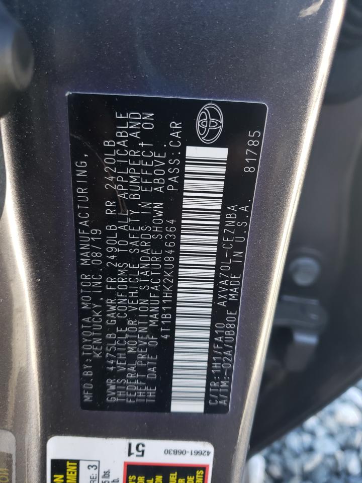 2019 Toyota Camry VIN 4T1B11HK2KU846364 Copart auction photo, front end / minor dent/scratches damage thumbnail 12