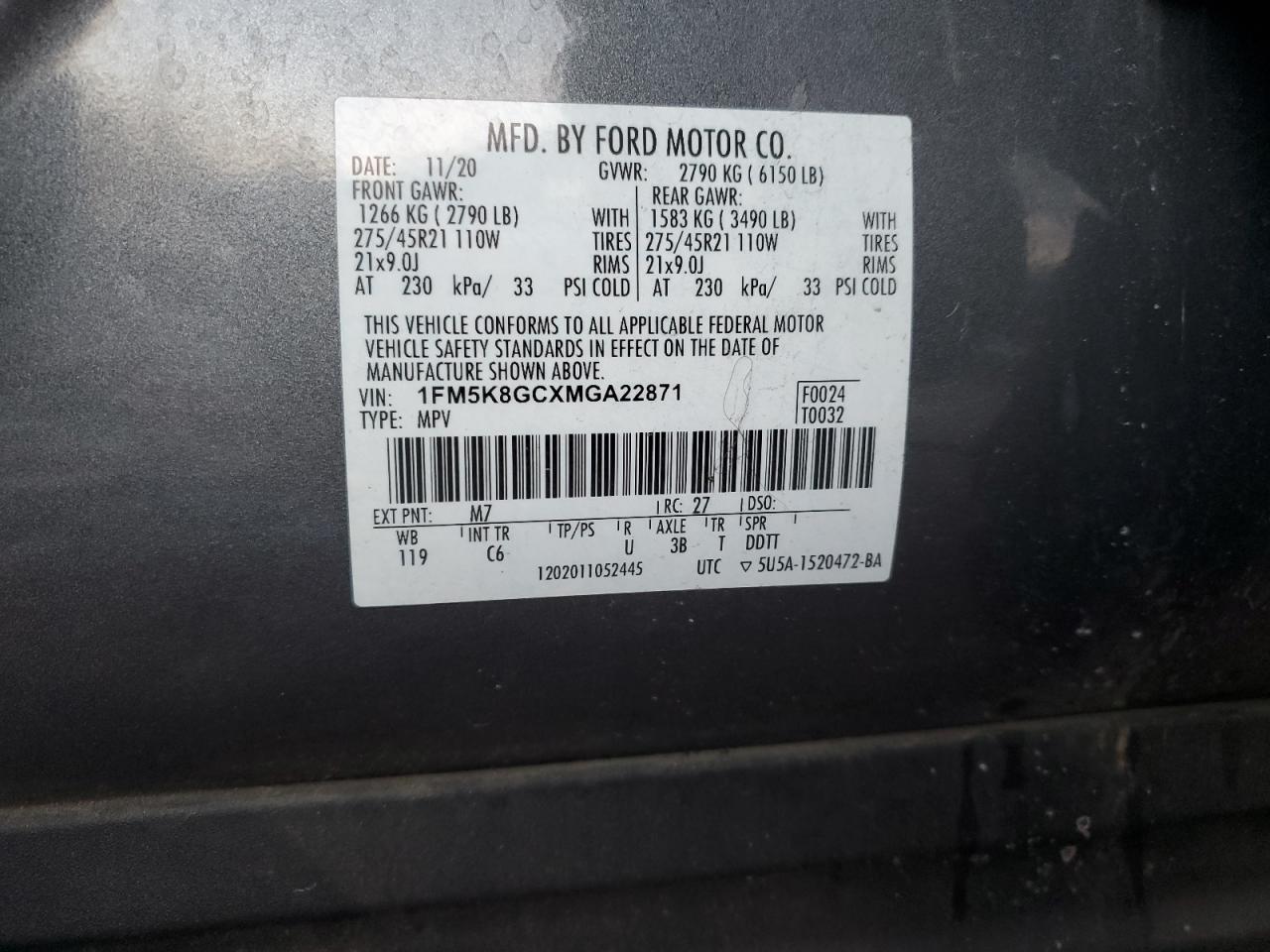 2021 Ford Explorer VIN 1FM5K8GCXMGA22871 Copart auction photo, rear end damage thumbnail 13