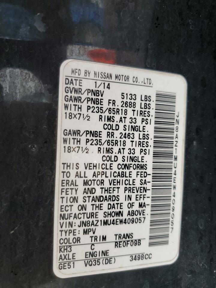 2014 Nissan Murano VIN JN8AZ1MU4EW409057 Copart auction photo, rear end damage thumbnail 14