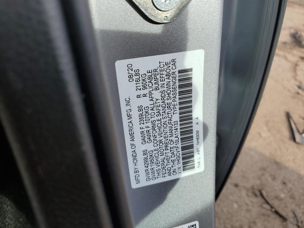 2020 Honda Accord VIN 1HGCV1F10LA114133 Copart auction photo, rear end / undercarriage damage thumbnail 12