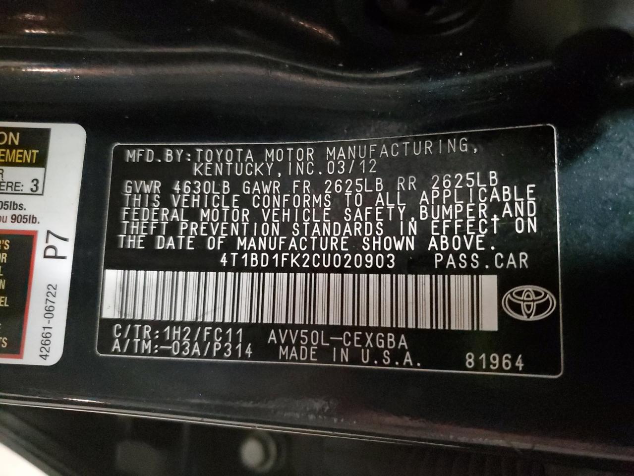 2012 Toyota Camry VIN 4T1BD1FK2CU020903 Copart auction photo, front end damage thumbnail 14