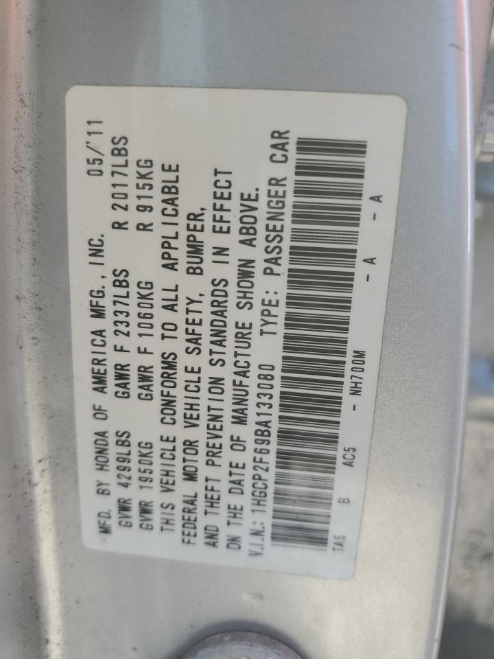 2011 Honda Accord VIN 1HGCP2F69BA133080 Copart auction photo, front end / minor dent/scratches damage thumbnail 12