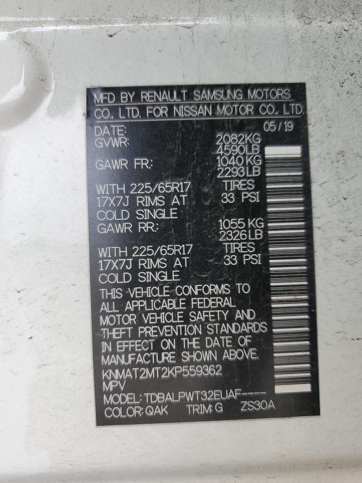 2019 Nissan Rogue VIN KNMAT2MT2KP559362 Copart auction photo, front end / side damage thumbnail 15