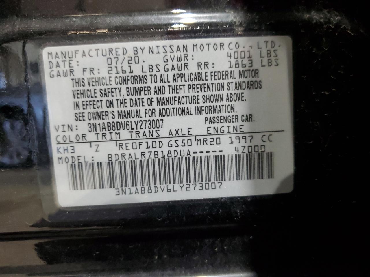 2020 Nissan Sentra VIN 3N1AB8DV6LY273007 Copart auction photo, front end / side damage thumbnail 14