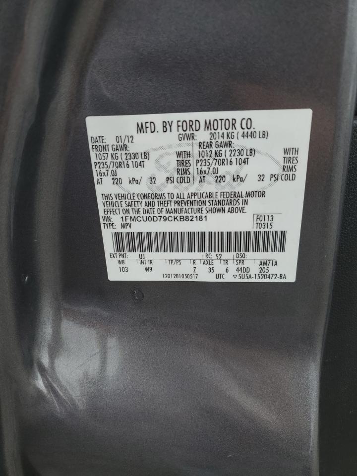 2012 Ford Escape VIN 1FMCU0D79CKB82181 Copart auction photo, rear end / minor dent/scratches damage thumbnail 13