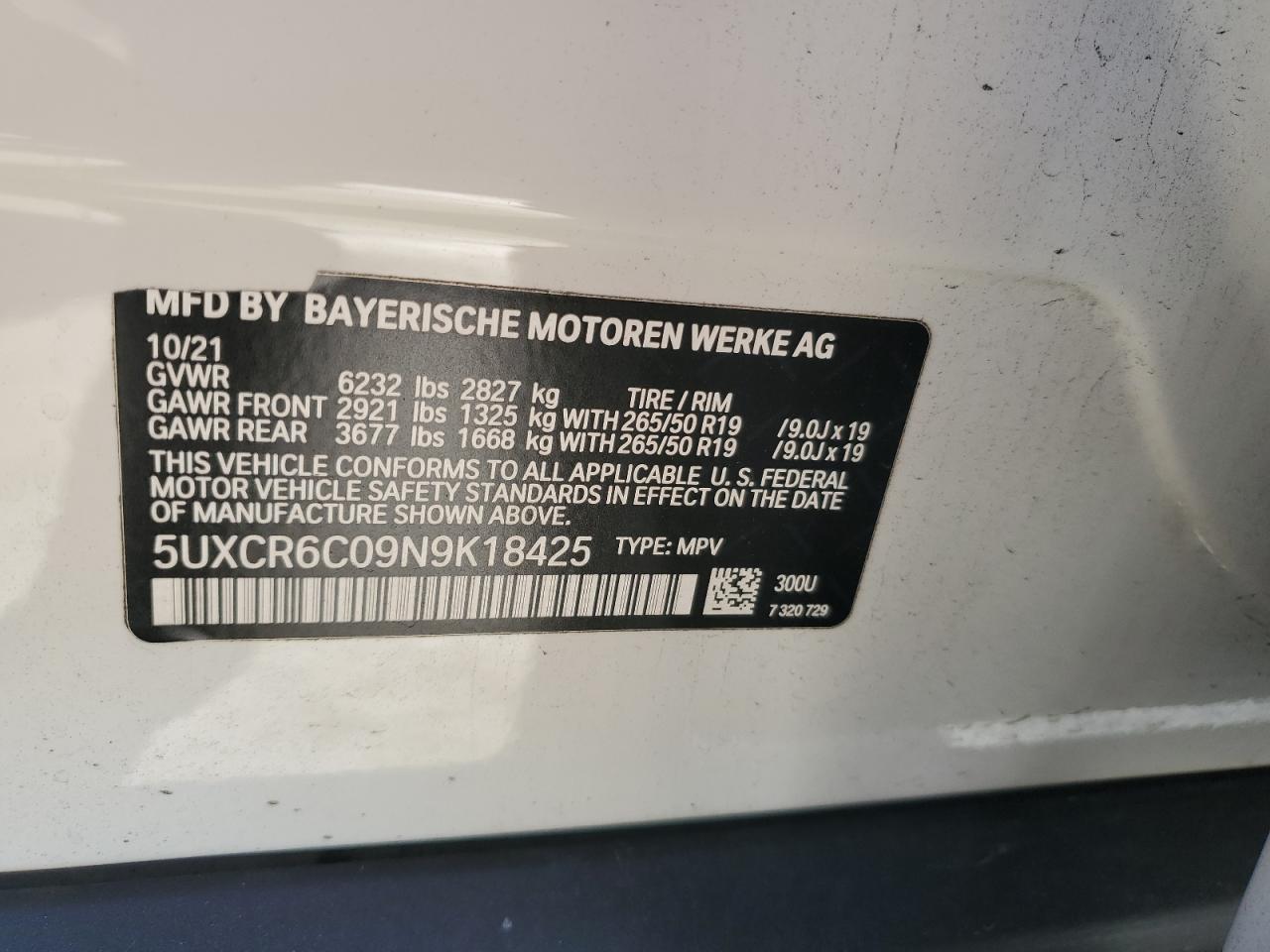 2022 BMW X5 VIN 5UXCR6C09N9K18425 Copart auction photo, front end / rear end damage thumbnail 15