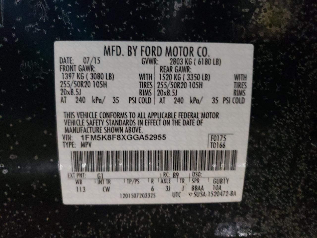 2016 Ford Explorer VIN 1FM5K8F8XGGA52955 Copart auction photo, side / front end damage thumbnail 13