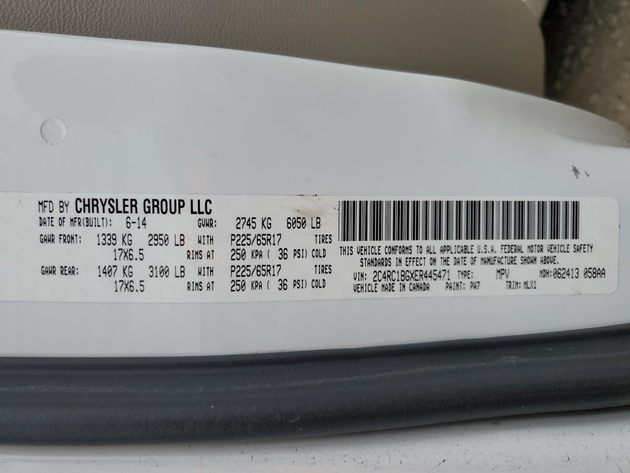 2014 Chrysler Town & Country VIN 2C4RC1BGXER445471 Copart auction photo, water/flood / rear end damage thumbnail 15