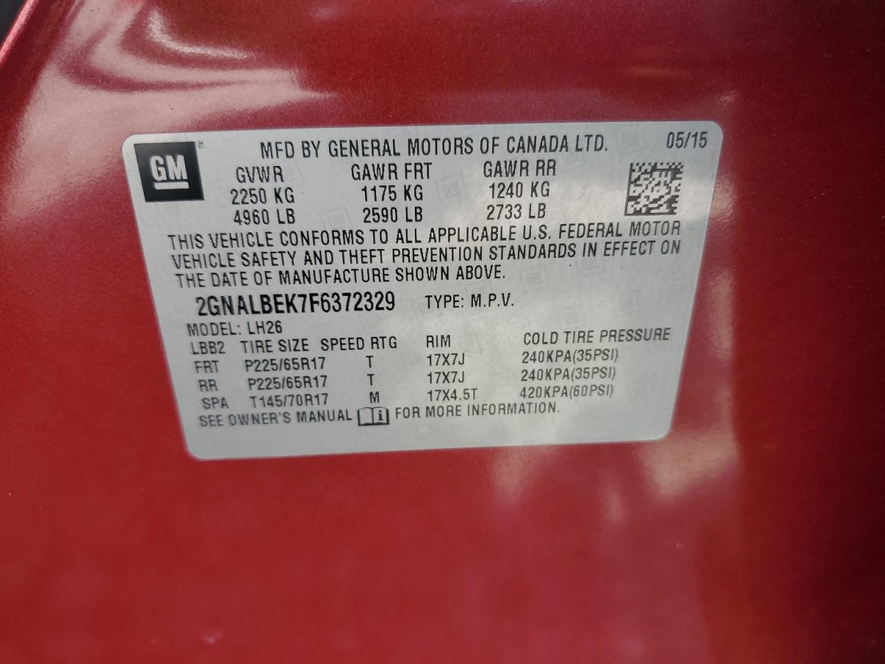 2015 Chevrolet Equinox VIN 2GNALBEK7F6372329 Copart auction photo, front end damage thumbnail 13