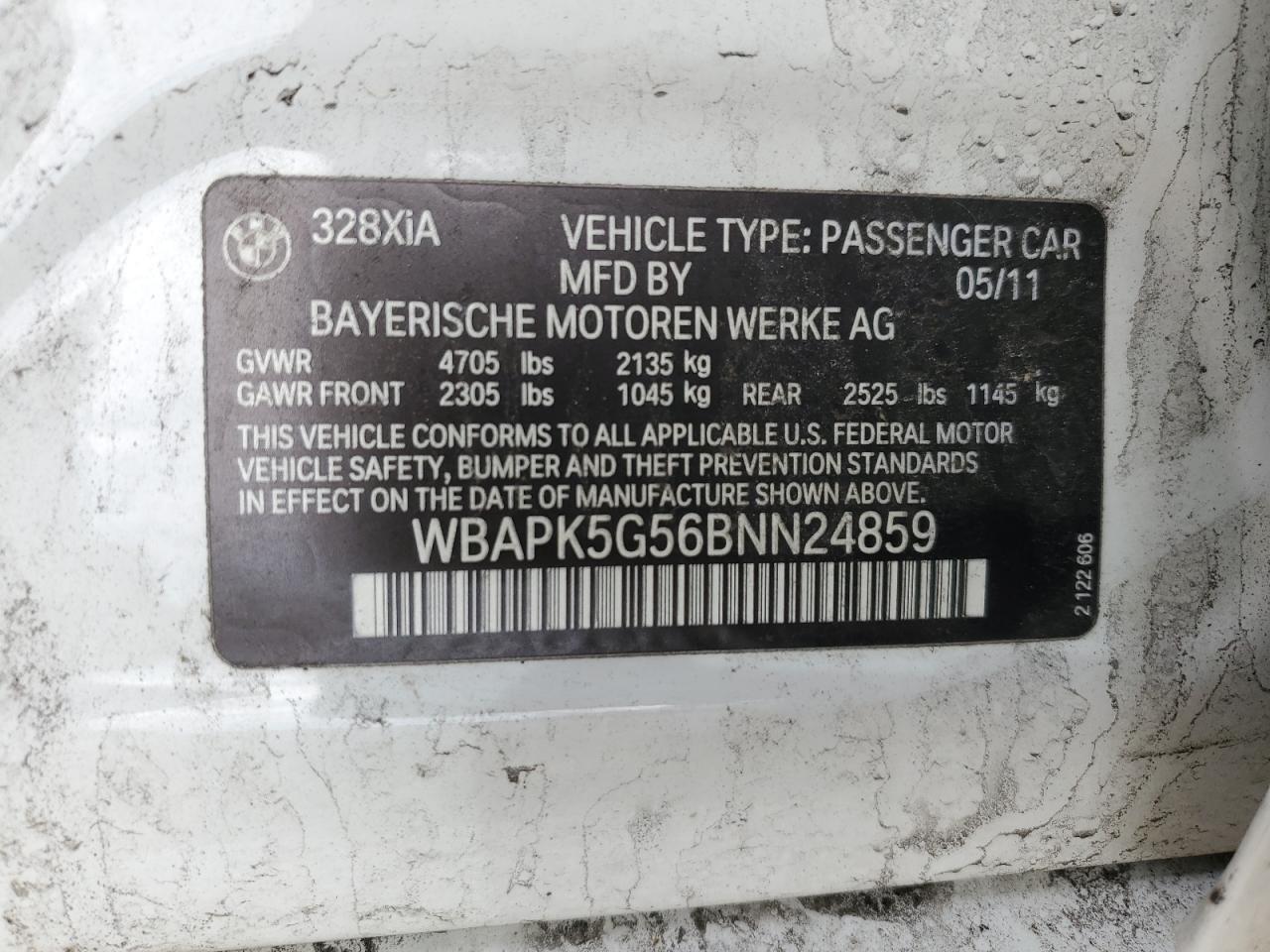 2011 BMW 3er VIN WBAPK5G56BNN24859 Copart auction photo, front end / minor dent/scratches damage thumbnail 13