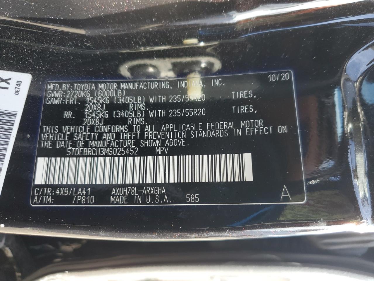 2021 Toyota Highlander VIN 5TDEBRCH3MS025452 Copart auction photo, side / front end damage thumbnail 15