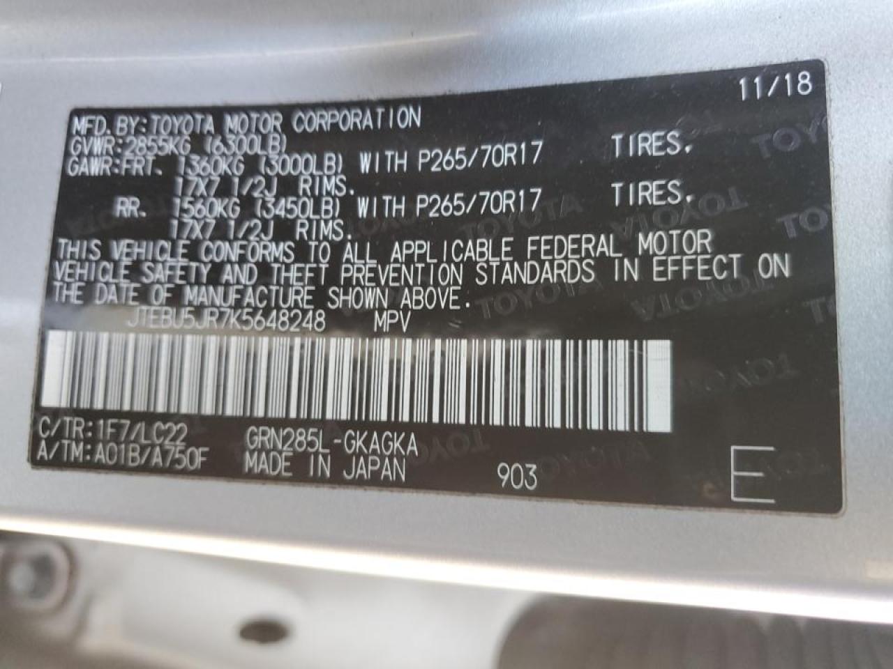 2019 Toyota 4Runner VIN JTEBU5JR7K5648248 Copart auction photo, front end damage thumbnail 13