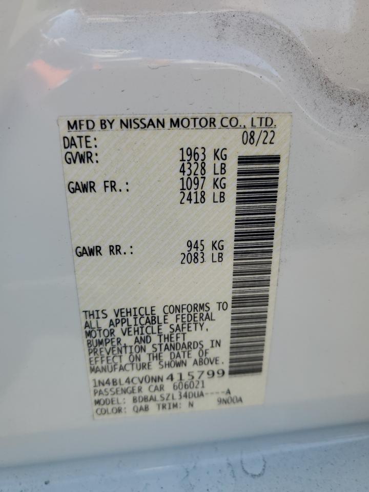 2022 Nissan Altima VIN 1N4BL4CV0NN415799 Copart auction photo, side / rear end damage thumbnail 12