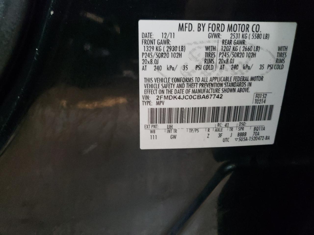 2012 Ford Edge VIN 2FMDK4JC0CBA67742 Copart auction photo, front end / minor dent/scratches damage thumbnail 12