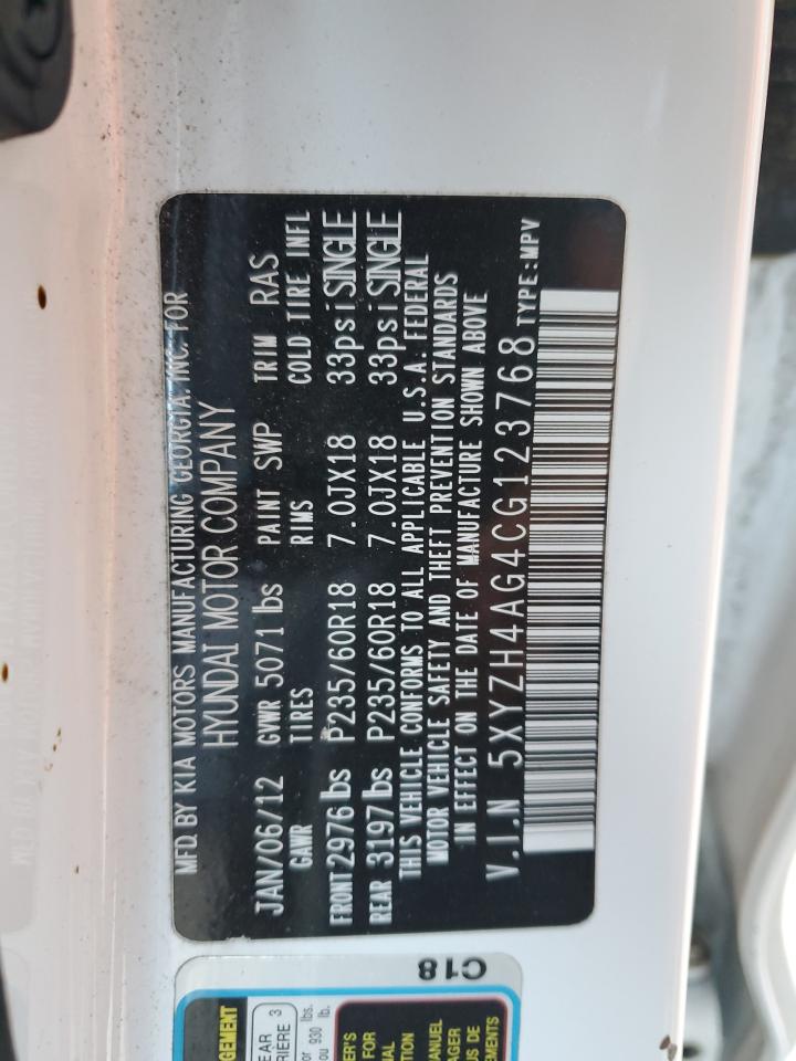 2012 Hyundai Santa Fe VIN 5XYZH4AG4CG123768 Copart auction photo, side / rear end damage thumbnail 13