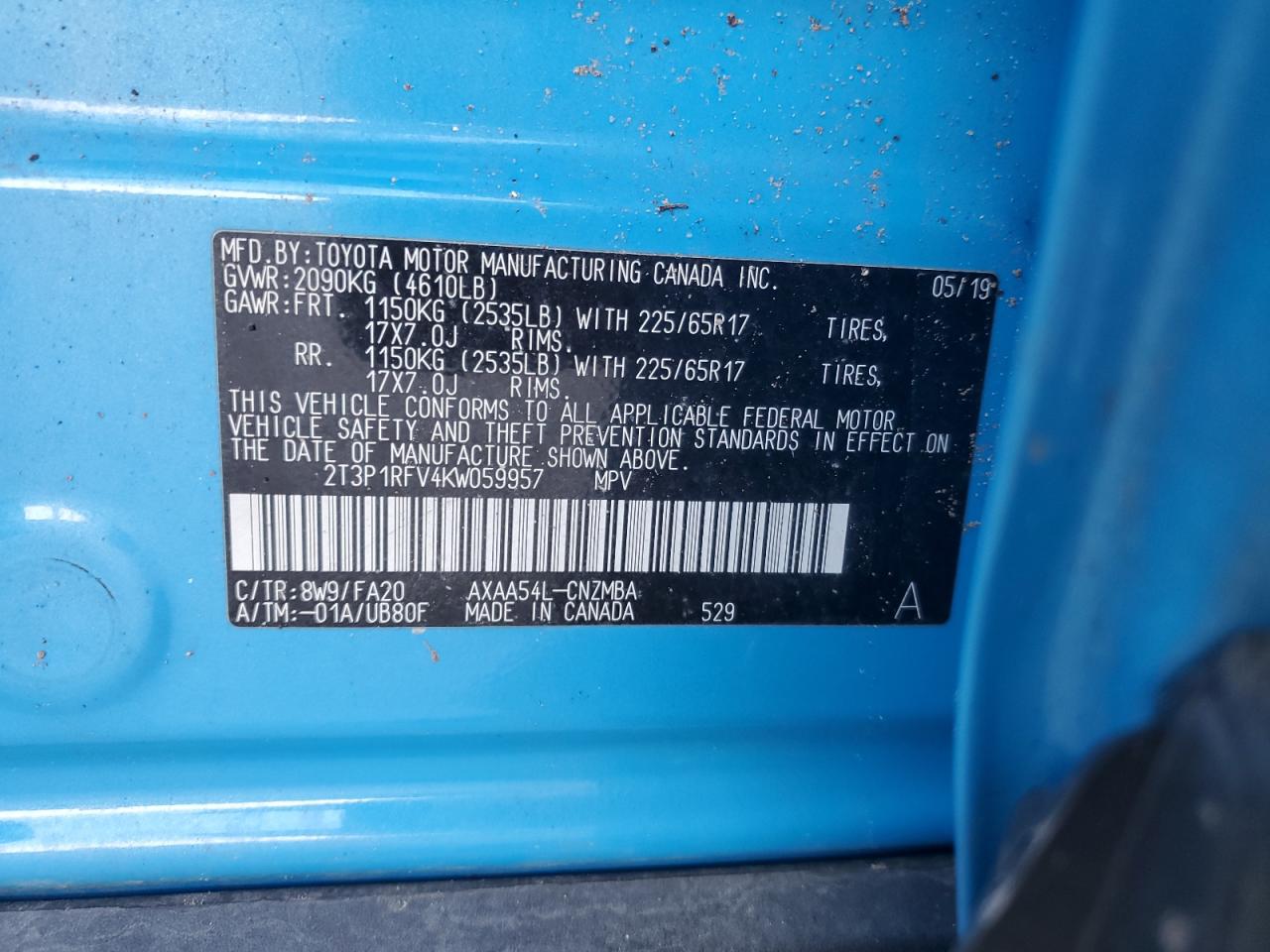 2019 Toyota RAV 4 VIN 2T3P1RFV4KW059957 Copart auction photo, front end / rear end damage thumbnail 14