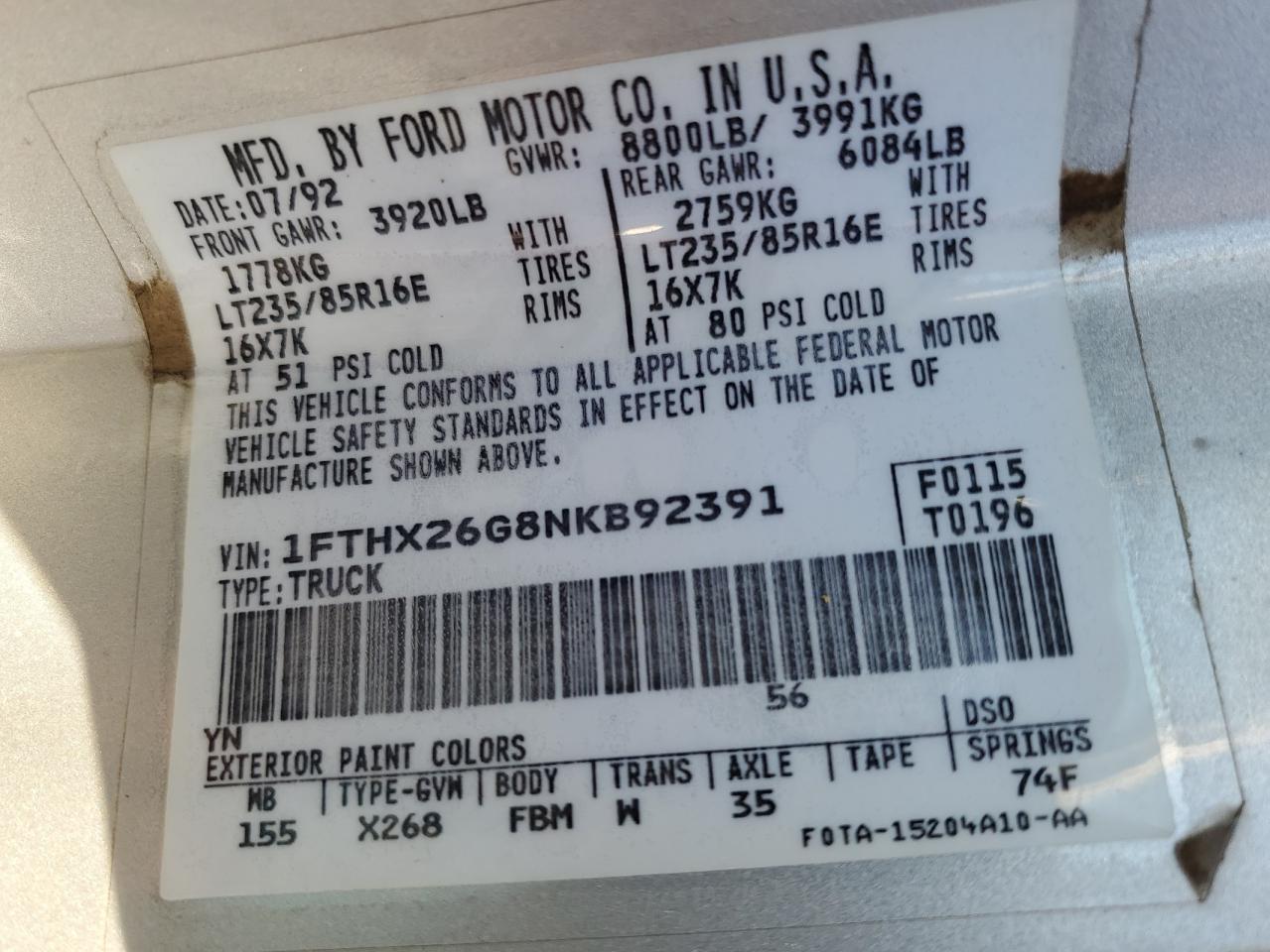 1992 Ford F250 VIN 1FTHX26G8NKB92391 Copart auction photo, rollover damage thumbnail 12