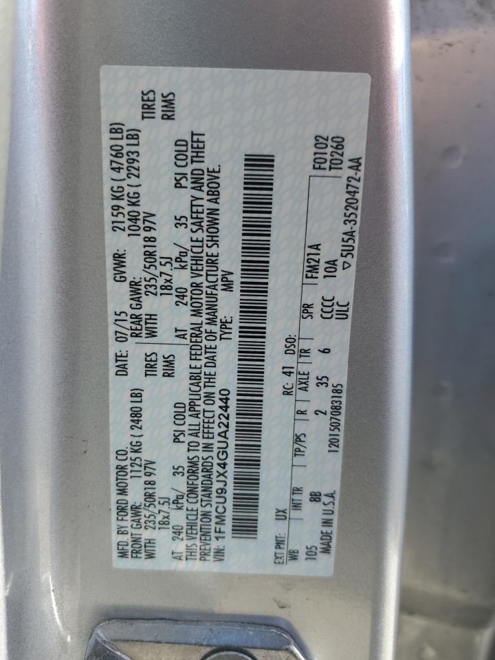 2016 Ford Escape VIN 1FMCU9JX4GUA22440 Copart auction photo, front end damage thumbnail 13