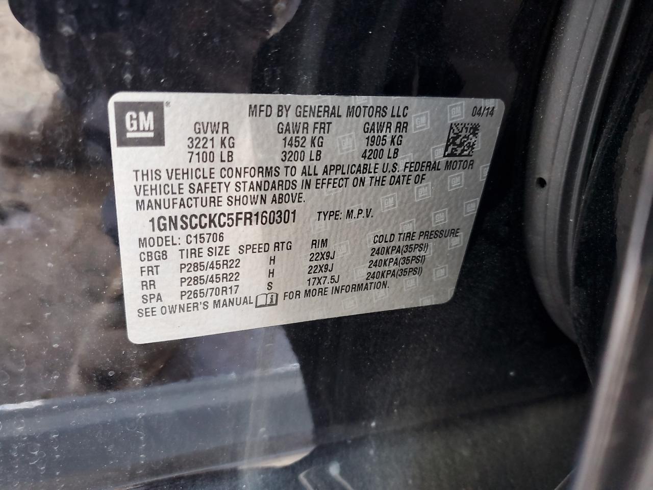 2015 Chevrolet Tahoe VIN 1GNSCCKC5FR160301 Copart auction photo, frame damage damage thumbnail 12