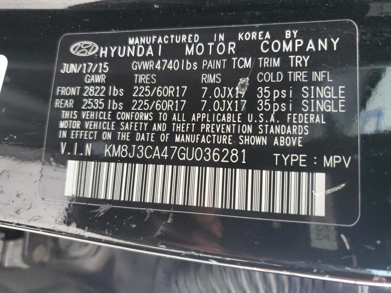 2016 Hyundai Tucson VIN KM8J3CA47GU036281 Copart auction photo, rear end damage thumbnail 15
