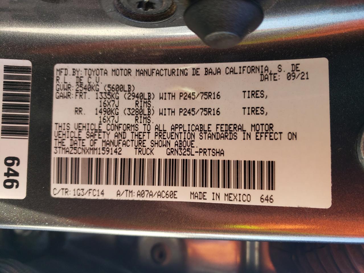 2021 Toyota Tacoma VIN 3TMAZ5CNXMM159142 Copart auction photo, rear end / undercarriage damage thumbnail 12