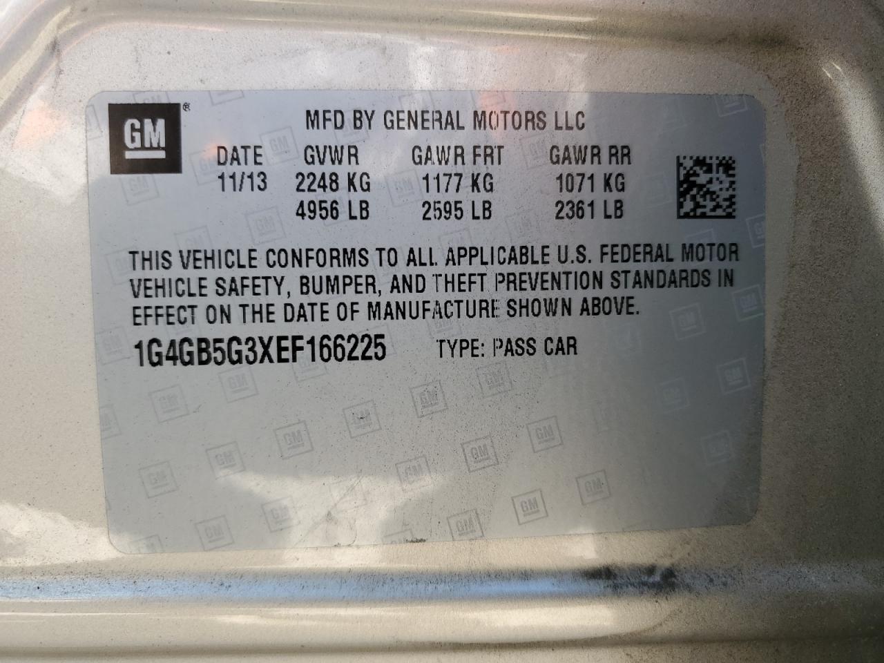 2014 Buick LaCrosse VIN 1G4GB5G3XEF166225 Copart auction photo, front end damage thumbnail 14