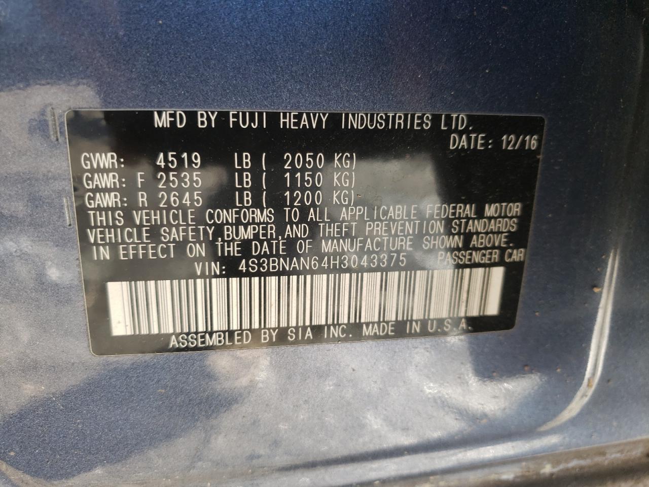 2017 Subaru Legacy VIN 4S3BNAN64H3043375 Copart auction photo, all over / undercarriage damage thumbnail 12