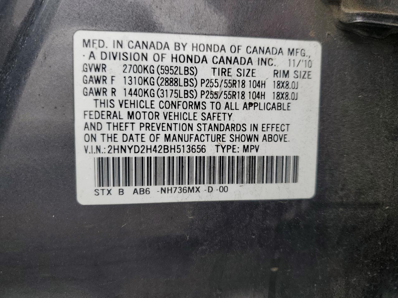 2011 Acura MDX VIN 2HNYD2H42BH513656 Copart auction photo, front end / side damage thumbnail 13