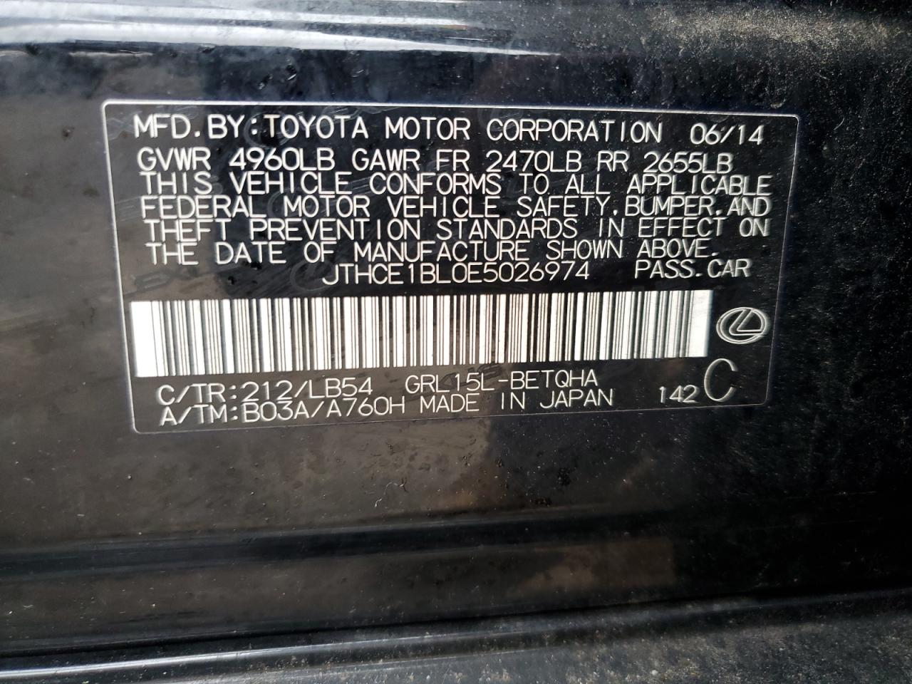 2014 Lexus GS VIN JTHCE1BL0E5026974 Copart auction photo, front end / side damage thumbnail 13