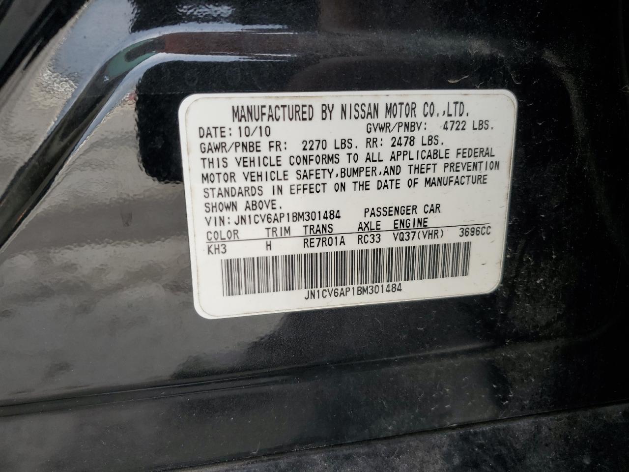 2011 Infiniti G VIN JN1CV6AP1BM301484 Copart auction photo, front end damage thumbnail 13
