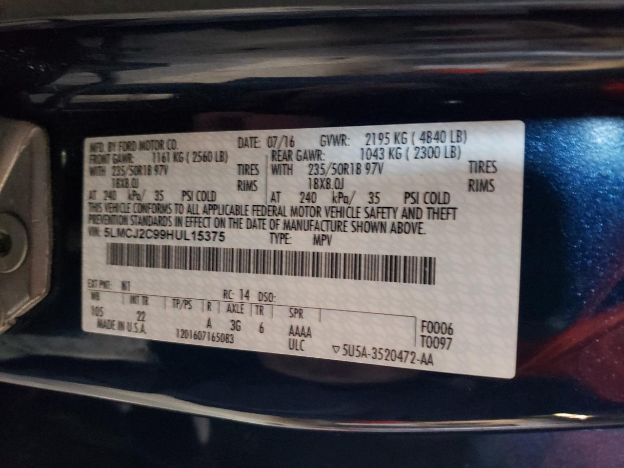 2017 Lincoln MKC VIN 5LMCJ2C99HUL15375 Copart auction photo, all over damage thumbnail 15