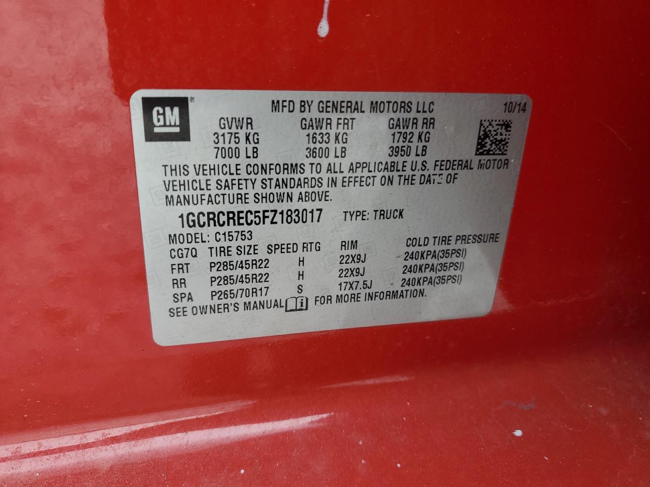 2015 Chevrolet Silverado VIN 1GCRCREC5FZ183017 Copart auction photo, front end / minor dent/scratches damage thumbnail 12