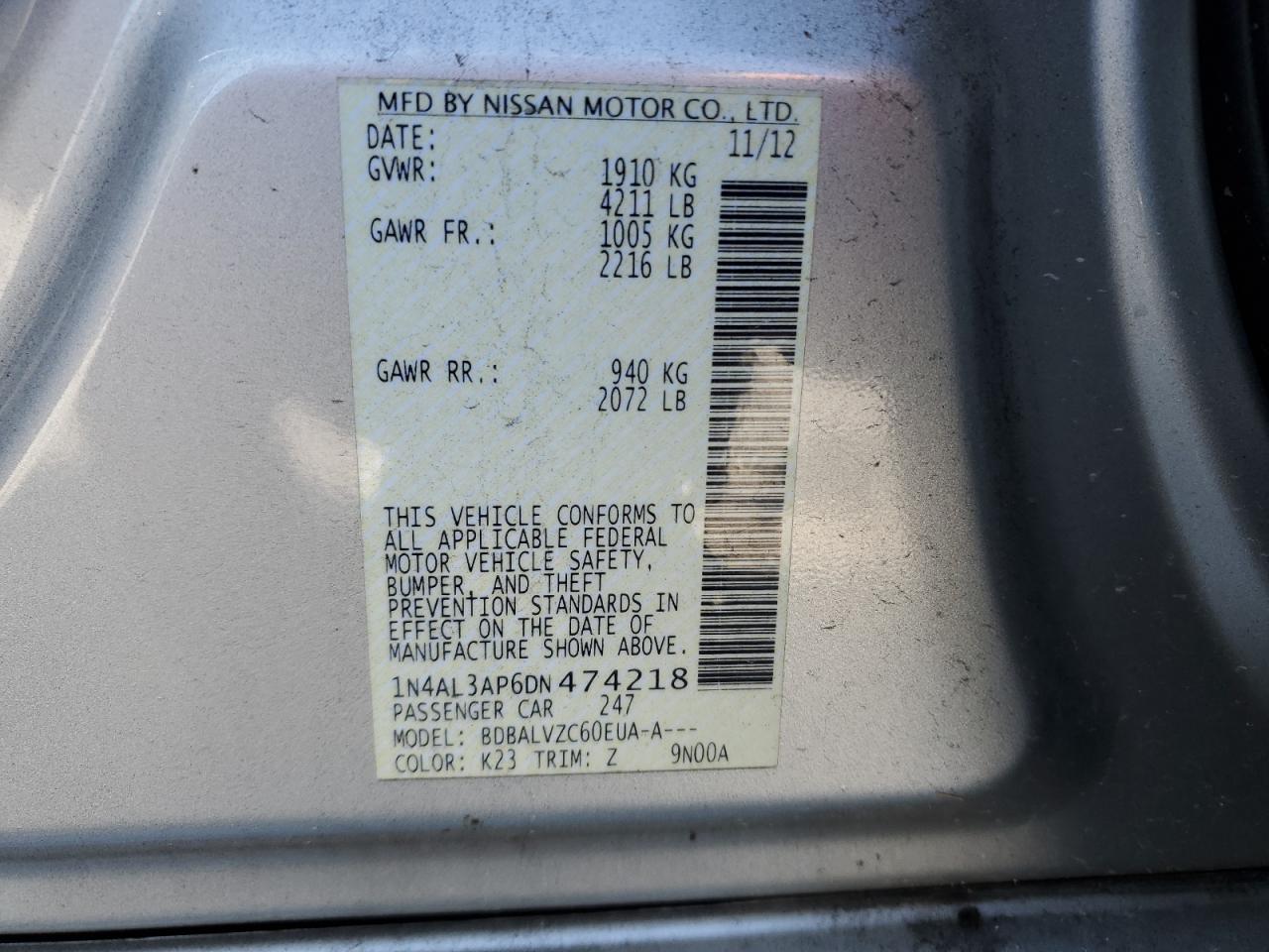 2013 Nissan Altima VIN 1N4AL3AP6DN474218 Copart auction photo, front end / side damage thumbnail 14