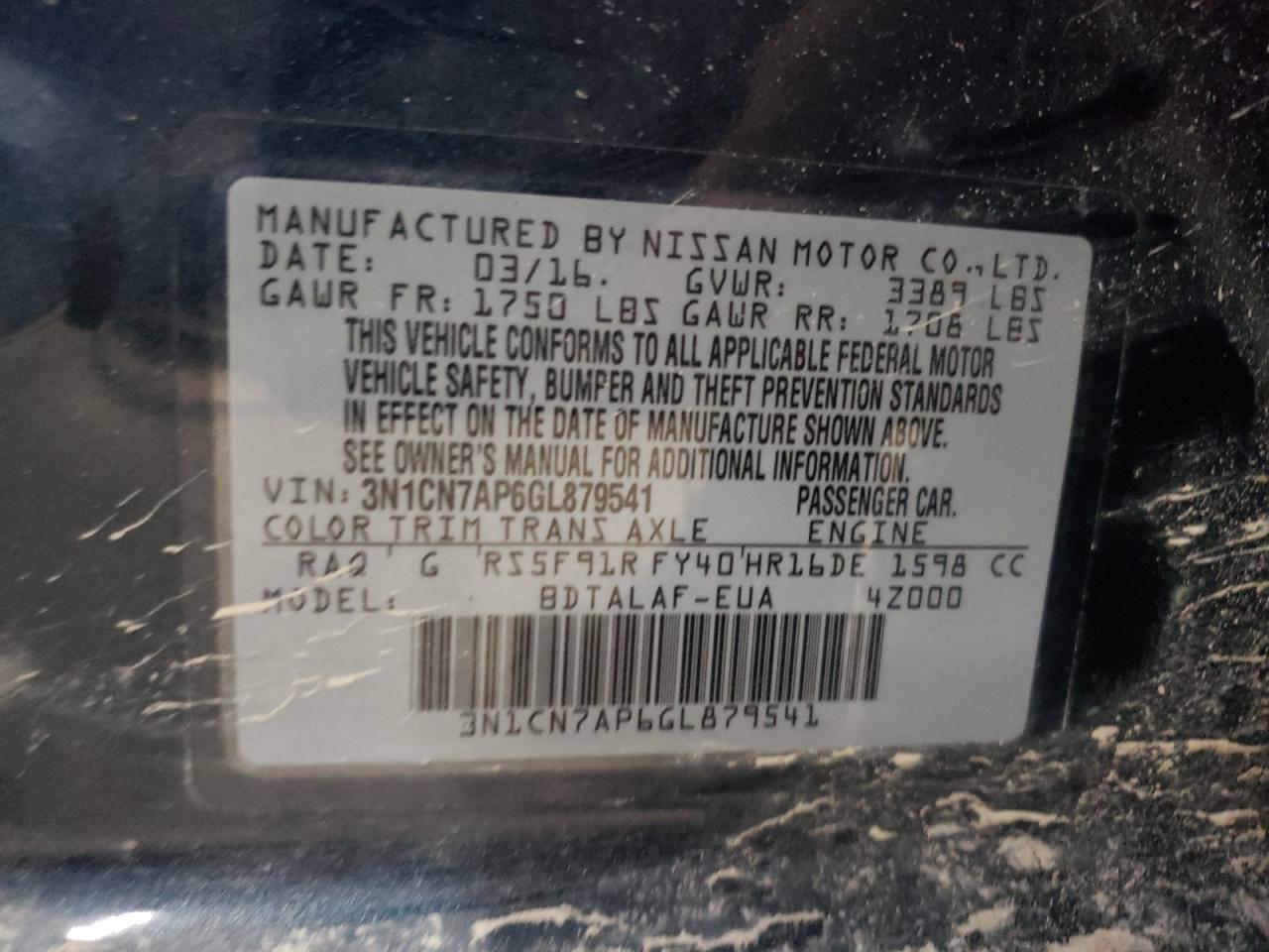2016 Nissan Versa VIN 3N1CN7AP6GL879541 Copart auction photo, rear end / minor dent/scratches damage thumbnail 12