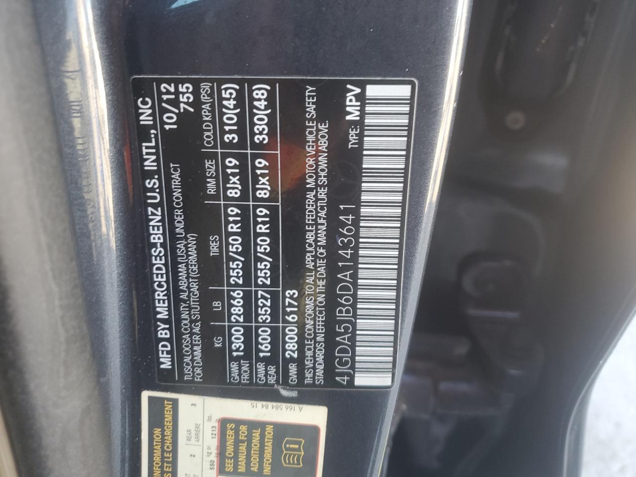 2013 Mercedes-Benz M-klasse VIN 4JGDA5JB6DA143641 Copart auction photo, side damage thumbnail 13
