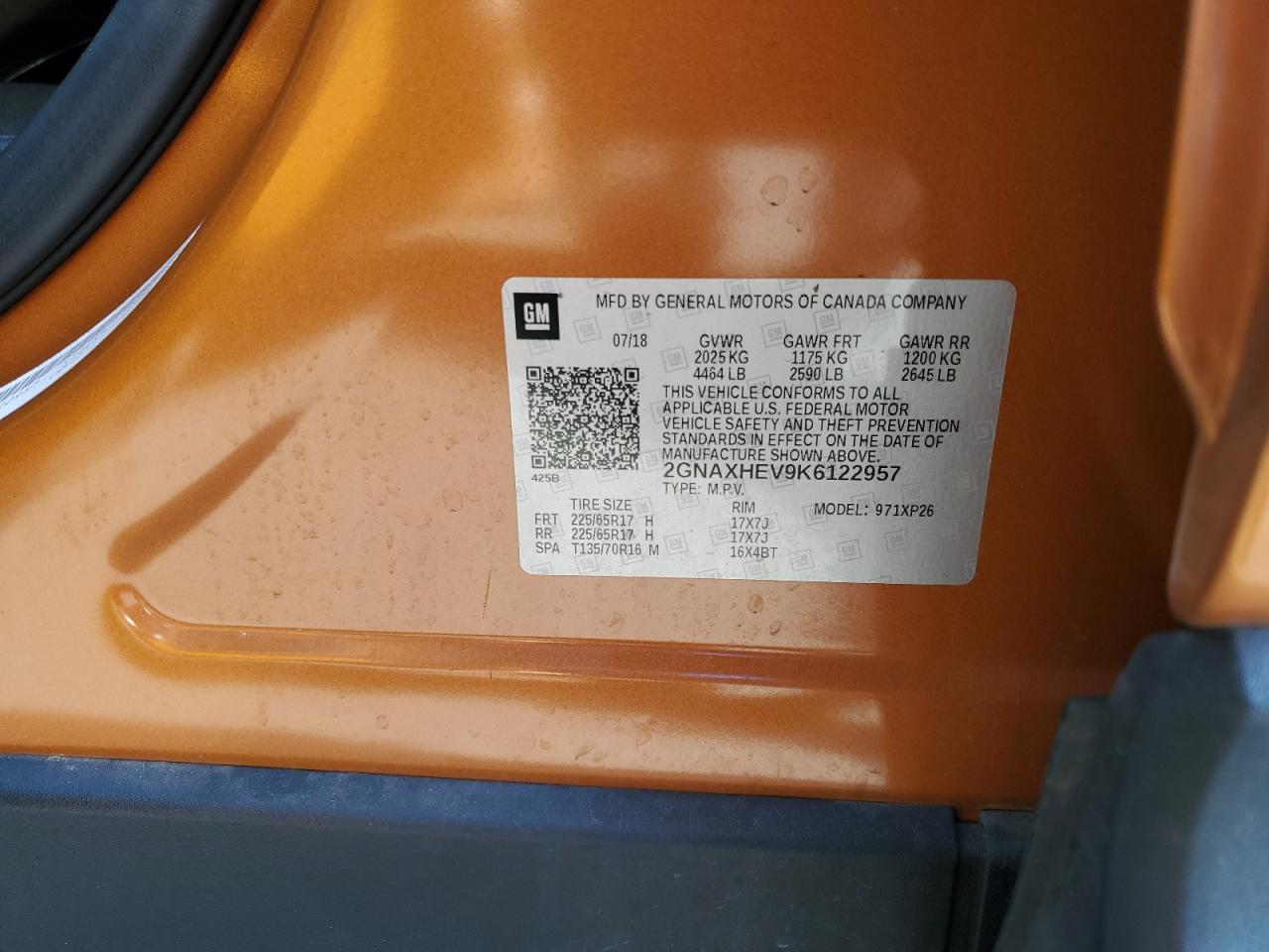2019 Chevrolet Equinox VIN 2GNAXHEV9K6122957 Copart auction photo, side damage thumbnail 13