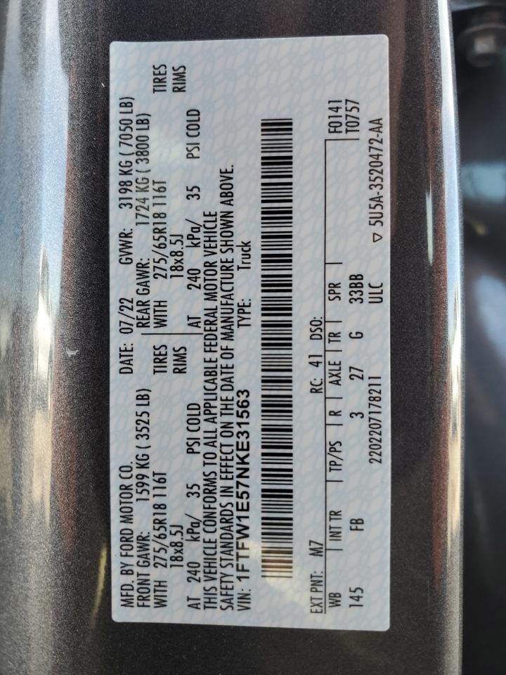 2022 Ford F-150 VIN 1FTFW1E57NKE31563 Copart auction photo, undercarriage / rear end damage thumbnail 12