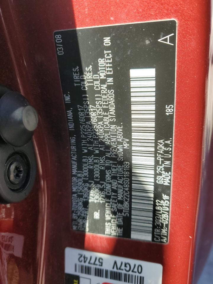 2008 Toyota Sienna VIN 5TDBK22C48S018189 Copart auction photo, front end / undercarriage damage thumbnail 16