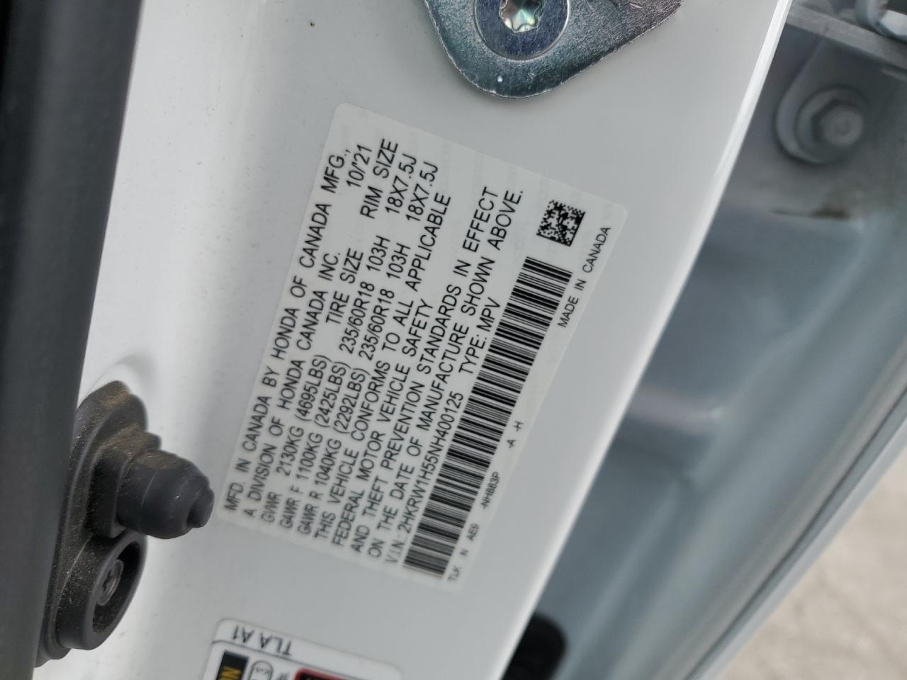 2022 Honda CR-V VIN 2HKRW1H55NH400125 Copart auction photo, rear end damage thumbnail 13