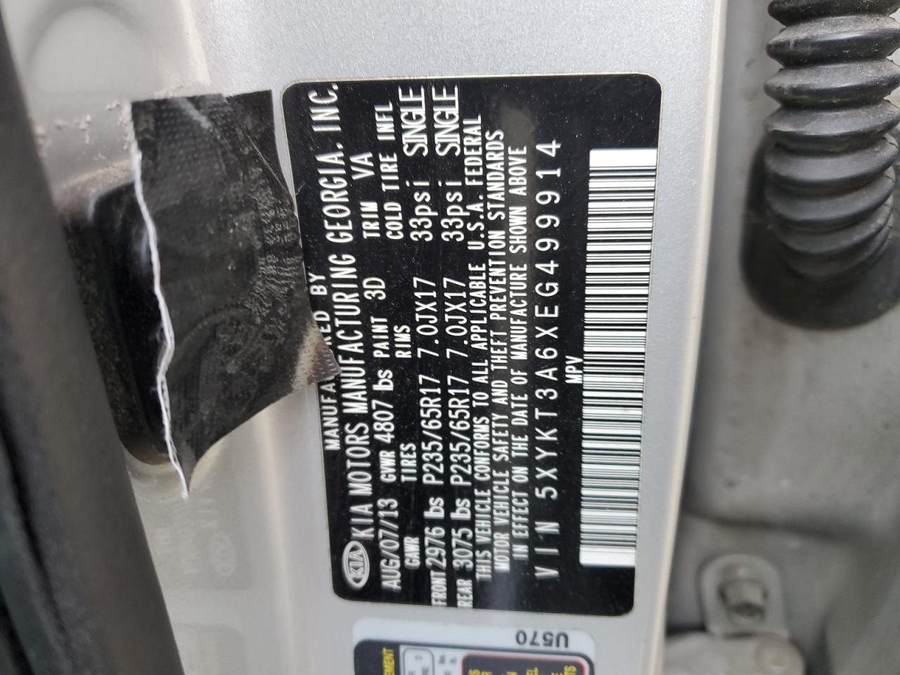 2014 KIA Sorento VIN 5XYKT3A6XEG499914 Copart auction photo, all over / undercarriage damage thumbnail 15