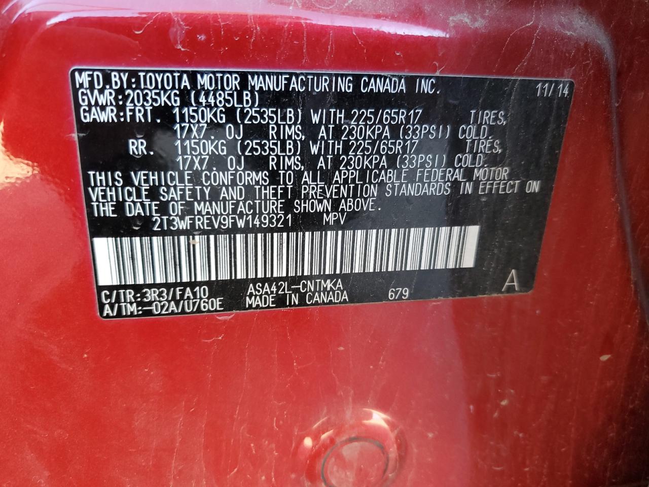 2015 Toyota RAV 4 VIN 2T3WFREV9FW149321 Copart auction photo, rear end / minor dent/scratches damage thumbnail 14