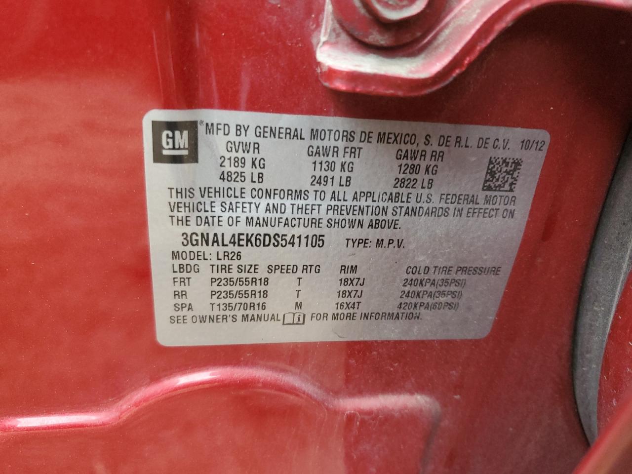 2013 Chevrolet Captiva VIN 3GNAL4EK6DS541105 Copart auction photo, front end damage thumbnail 13