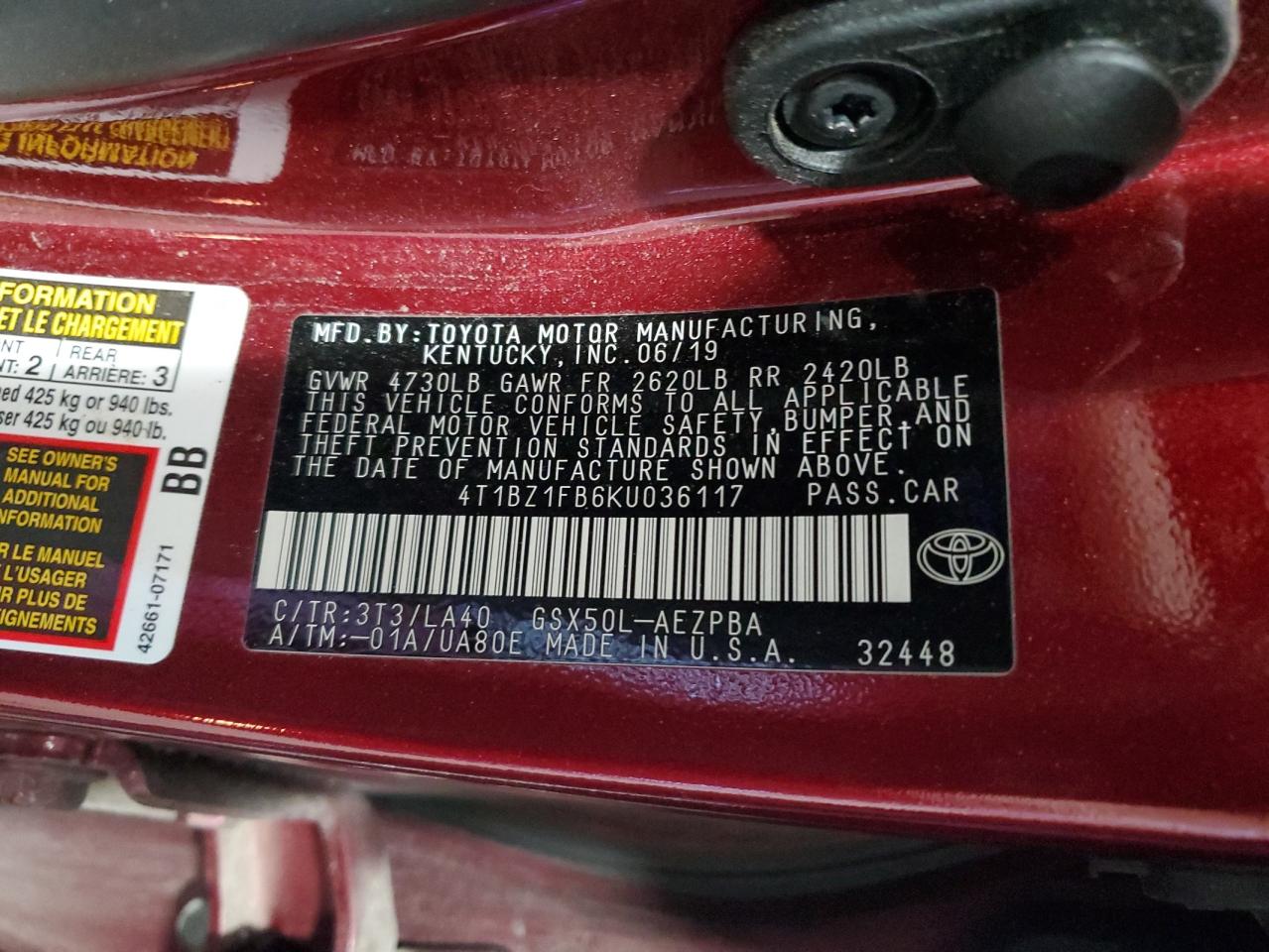 2019 Toyota Avalon VIN 4T1BZ1FB6KU036117 Copart auction photo, front end / mechanical damage thumbnail 12