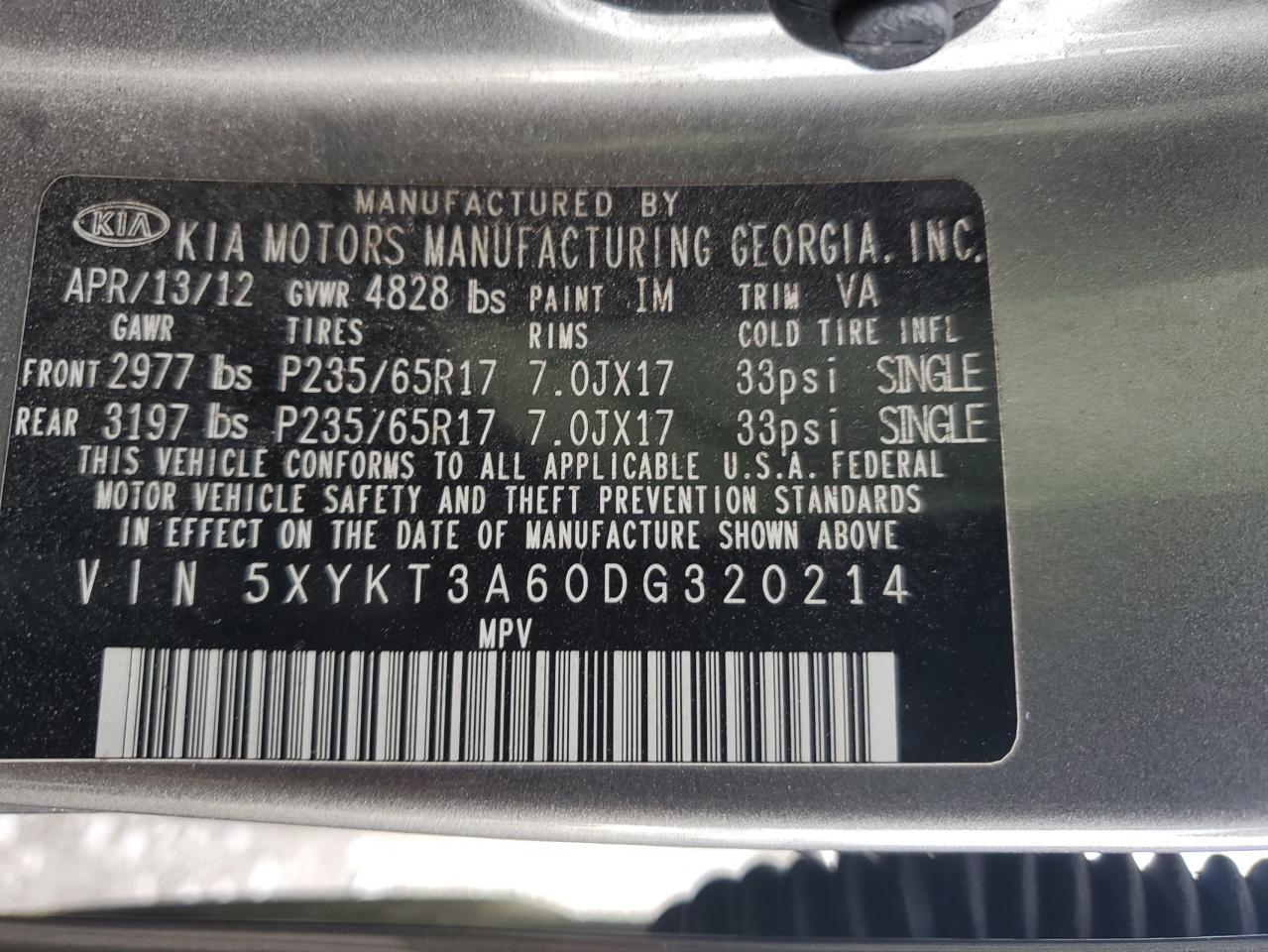 2013 KIA Sorento VIN 5XYKT3A60DG320214 Copart auction photo, side damage thumbnail 14