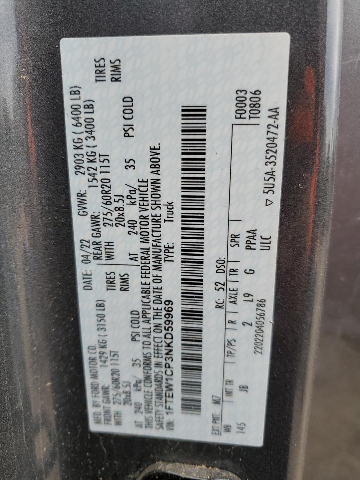 2022 Ford F-150 VIN 1FTEW1CP3NKD59969 Copart auction photo, all over damage thumbnail 14