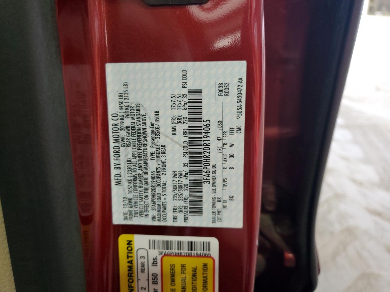 2013 Ford Fusion VIN 3FA6P0HR2DR194065 Copart auction photo, normal wear damage thumbnail 12